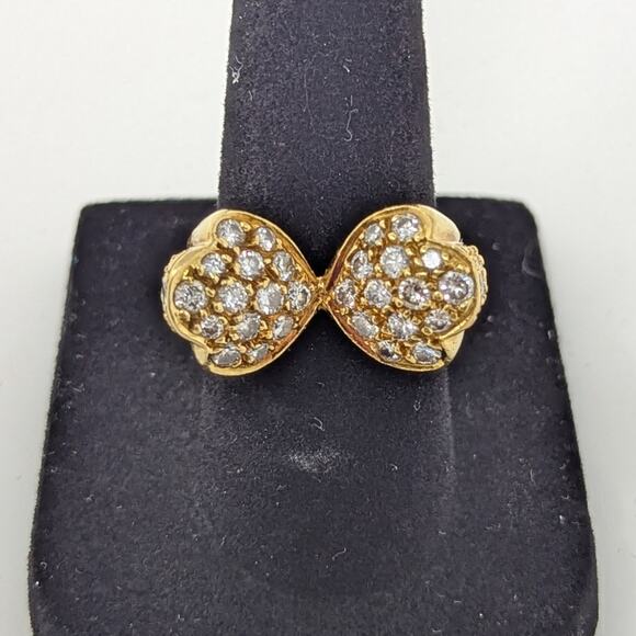 18K Gold Estate Vintage Diamond Pave Double Floral Ring Yellow Gold Size 6 - Picture 3 of 13